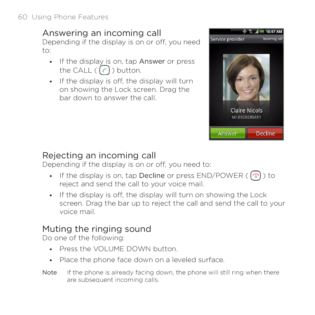 HTC 200 manual Answering an incoming call, Rejecting an incoming call, Muting the ringing sound 