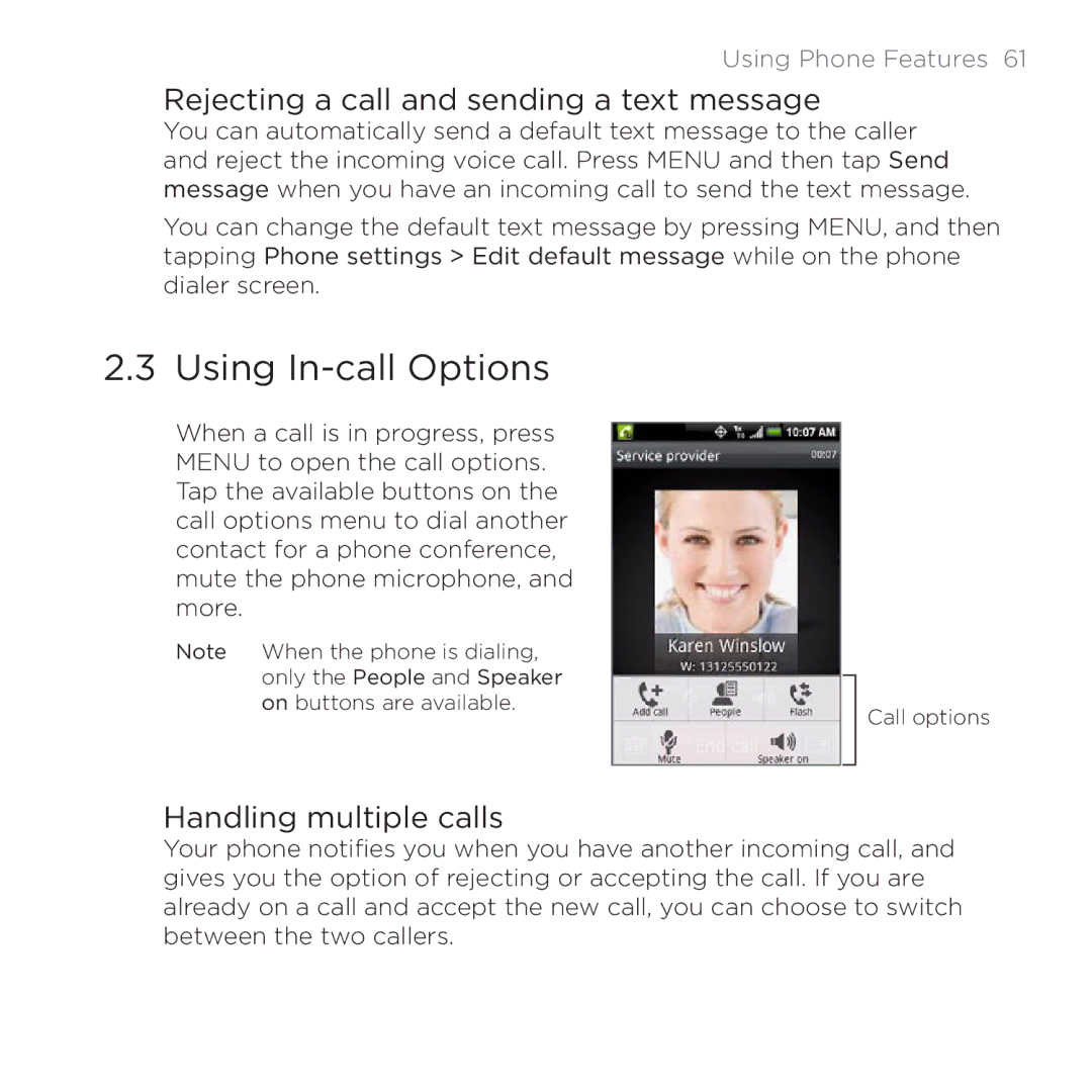 HTC 200 manual Using In-call Options, Rejecting a call and sending a text message, Handling multiple calls 