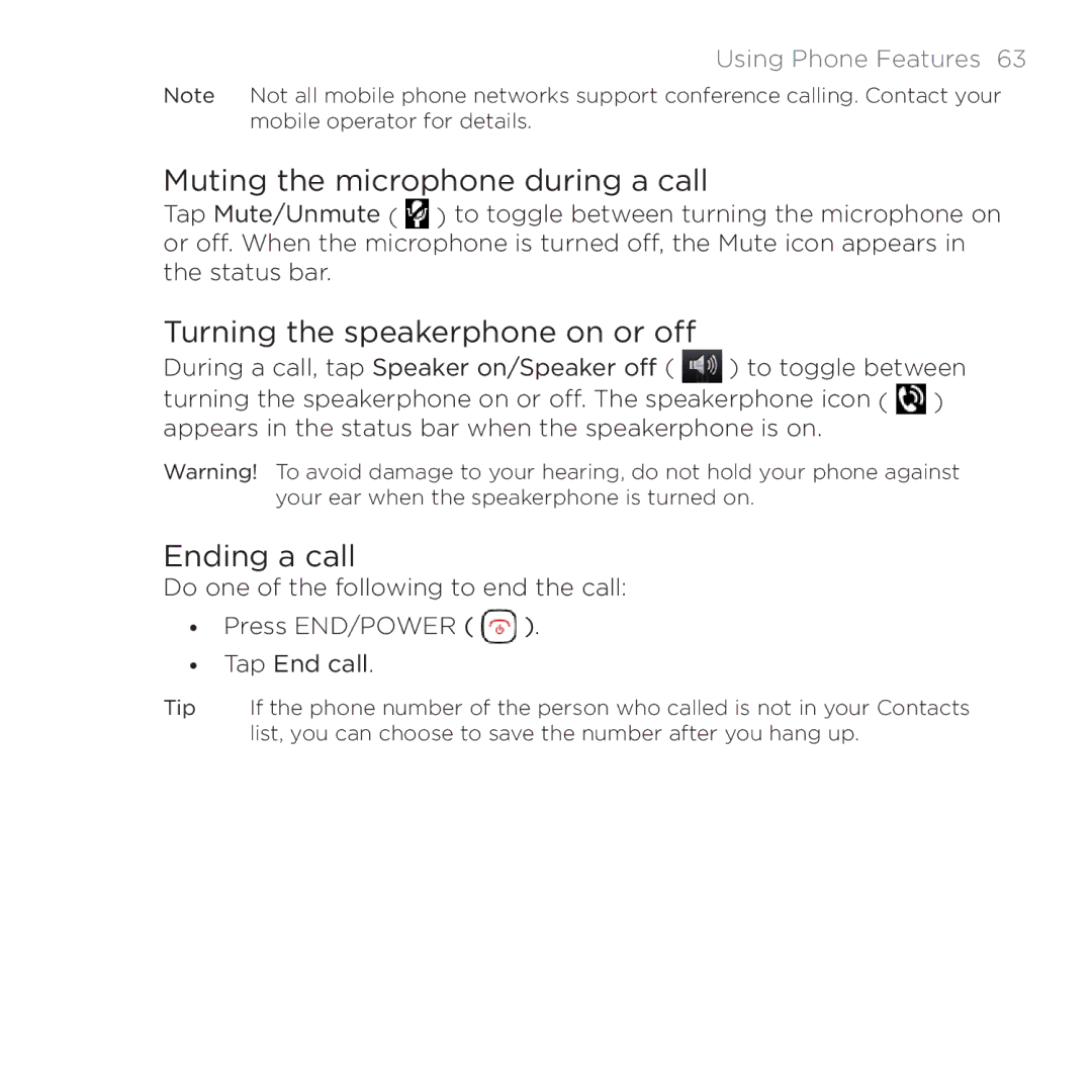 HTC 200 manual Muting the microphone during a call, Turning the speakerphone on or off, Ending a call 