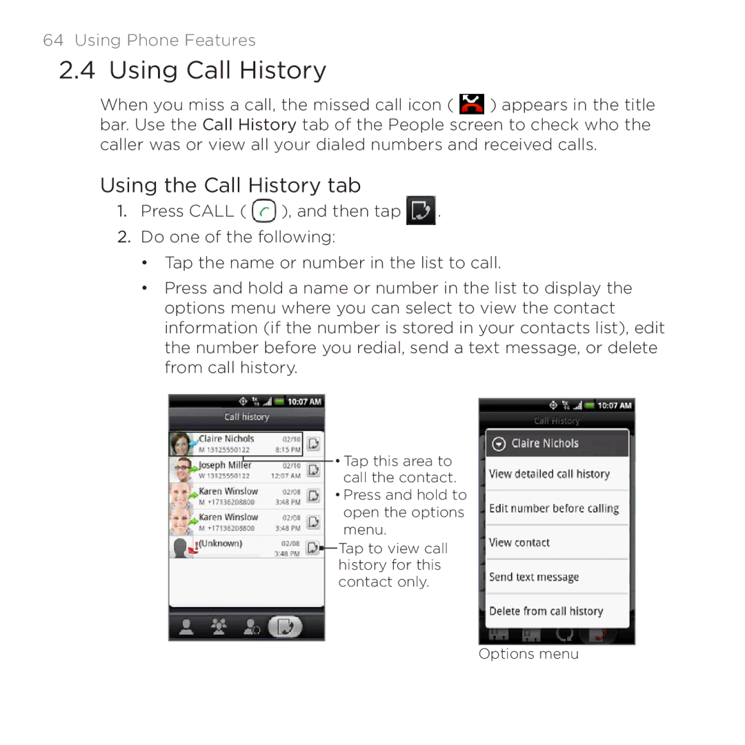 HTC 200 manual Using Call History, Using the Call History tab 