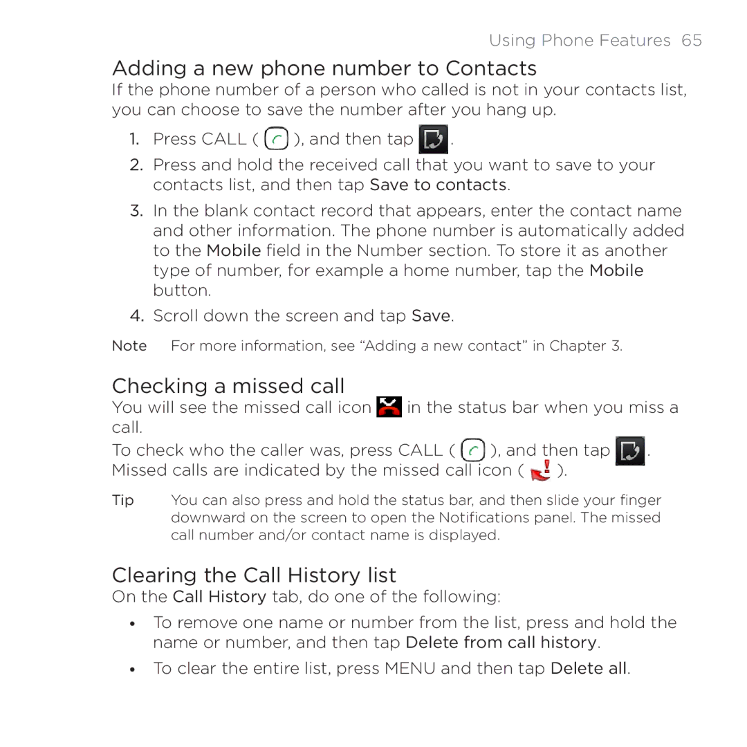 HTC 200 manual Adding a new phone number to Contacts, Checking a missed call, Clearing the Call History list 