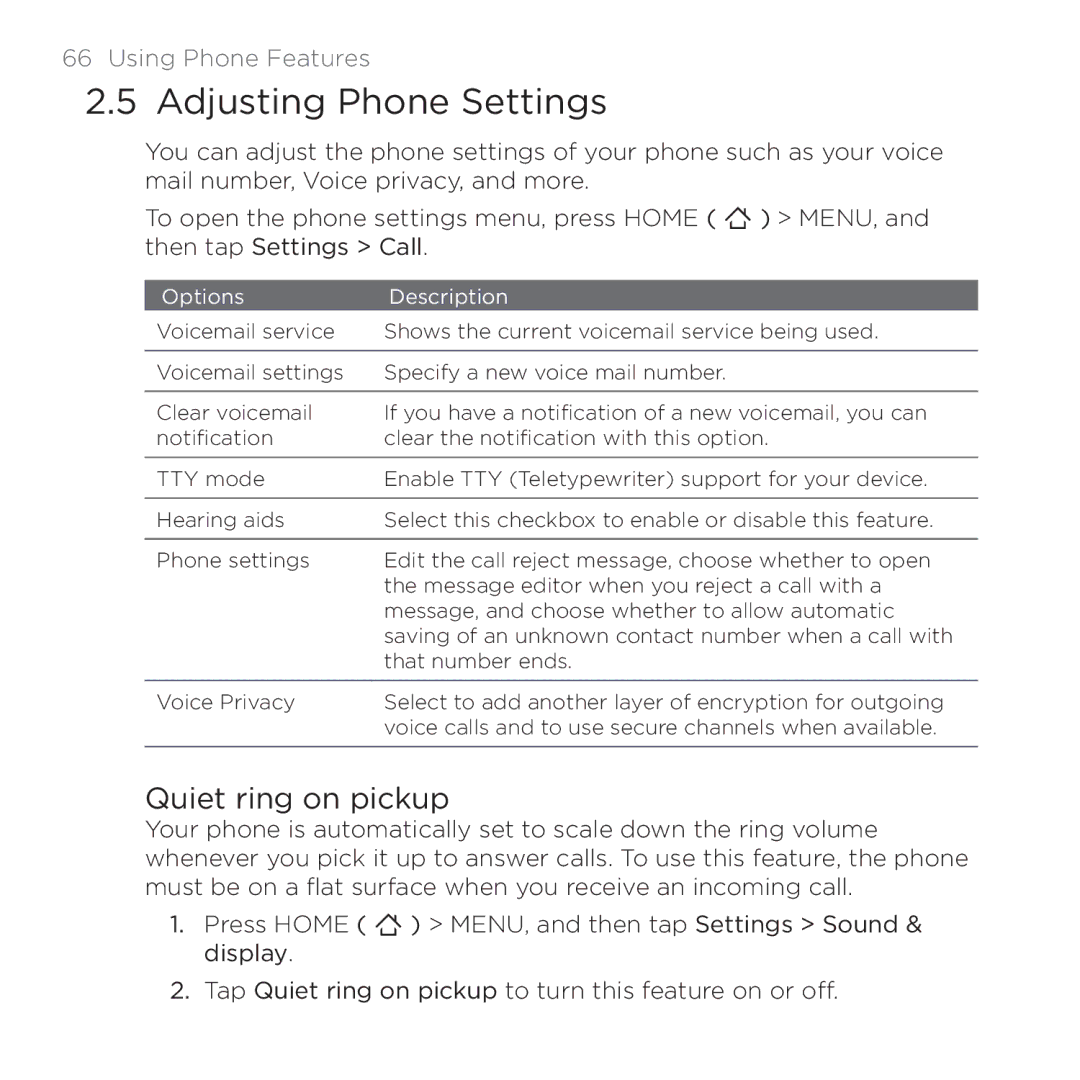 HTC 200 manual Adjusting Phone Settings, Quiet ring on pickup 