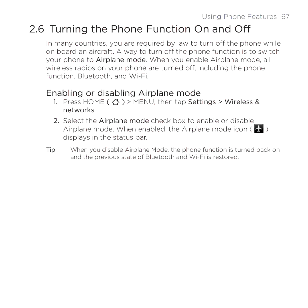 HTC 200 manual Turning the Phone Function On and Off, Enabling or disabling Airplane mode 