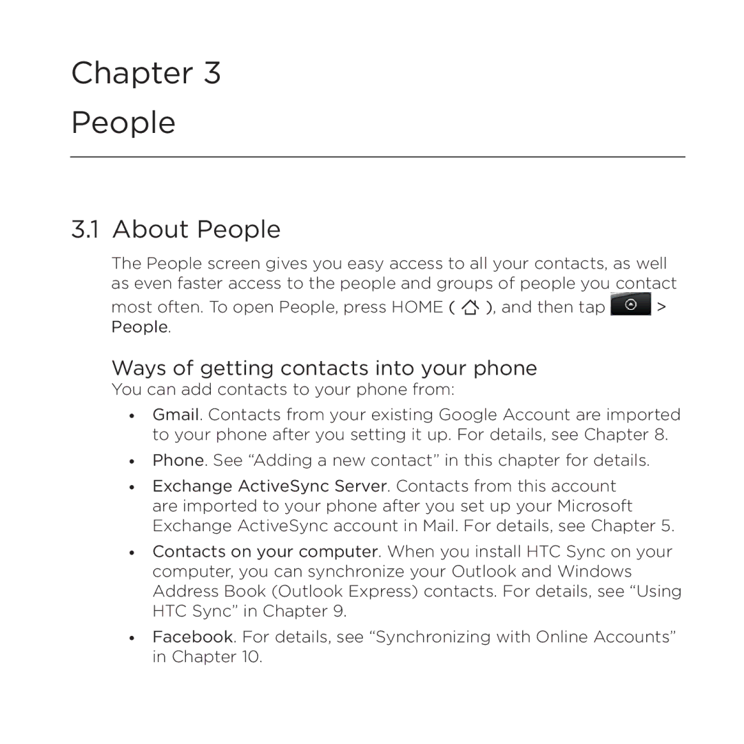 HTC 200 manual About People, Ways of getting contacts into your phone 