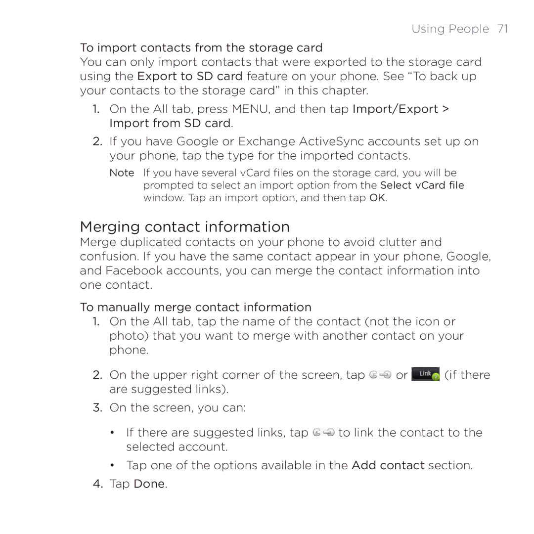 HTC 200 manual Merging contact information 