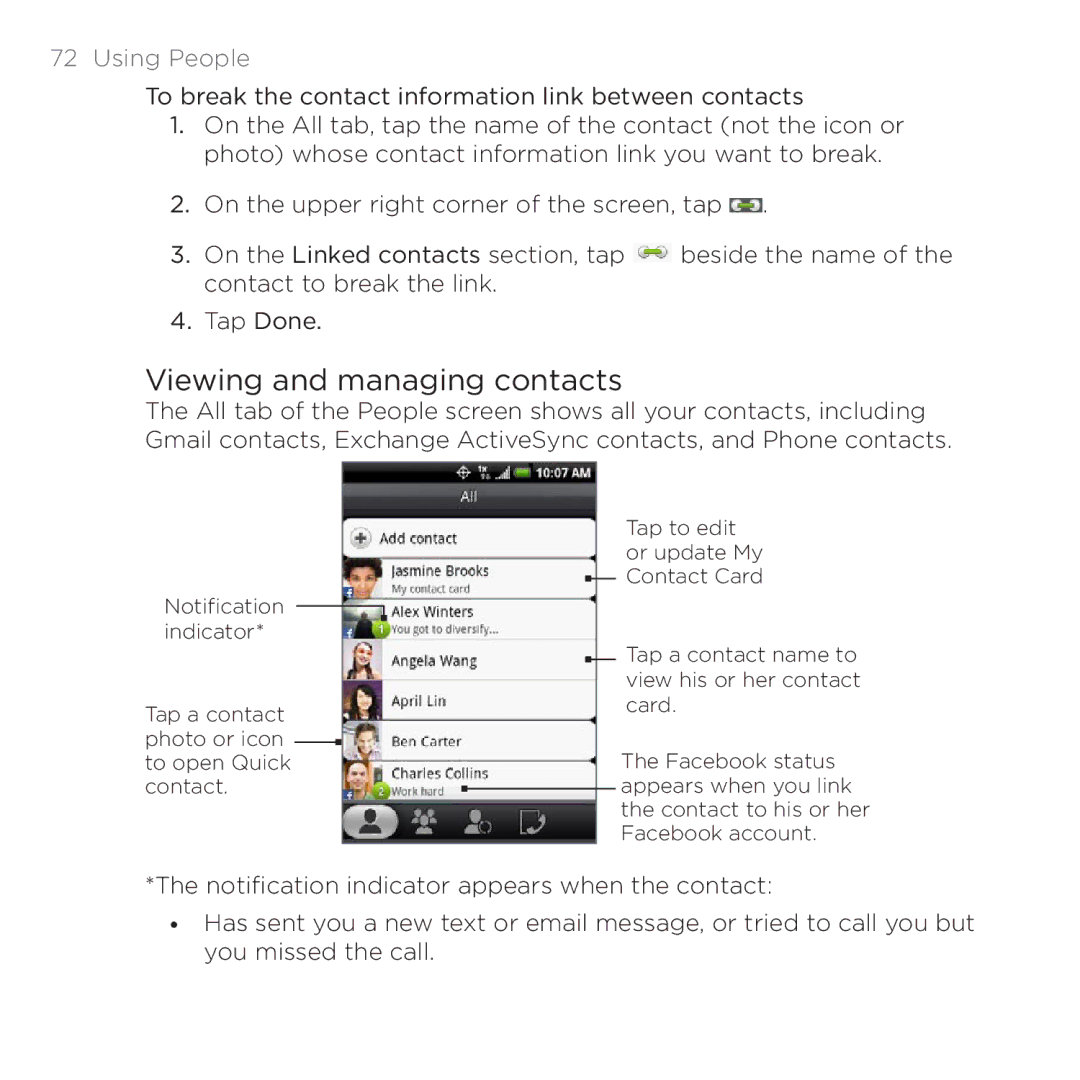 HTC 200 manual Viewing and managing contacts 