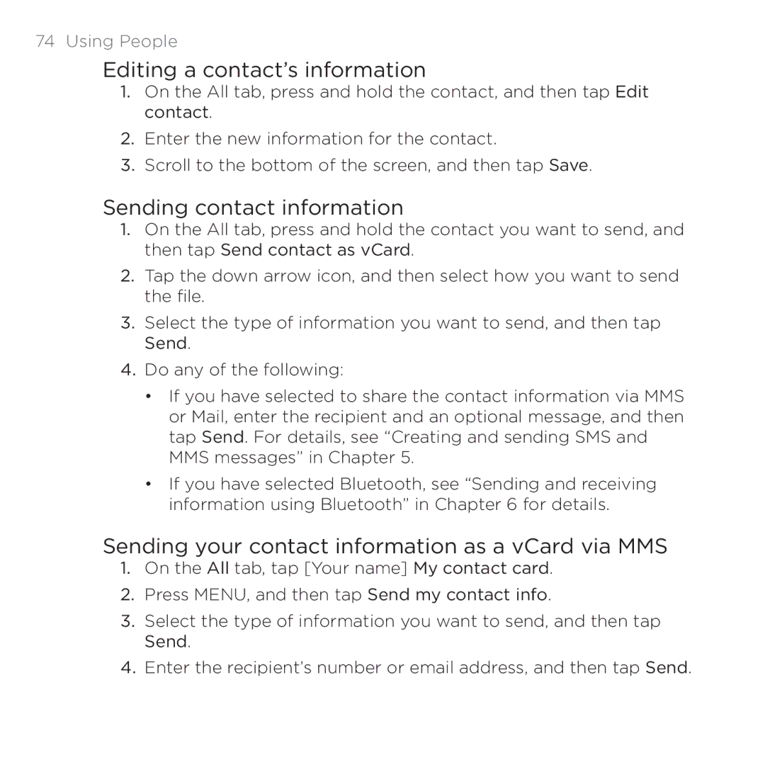 HTC 200 Editing a contact’s information, Sending contact information, Sending your contact information as a vCard via MMS 