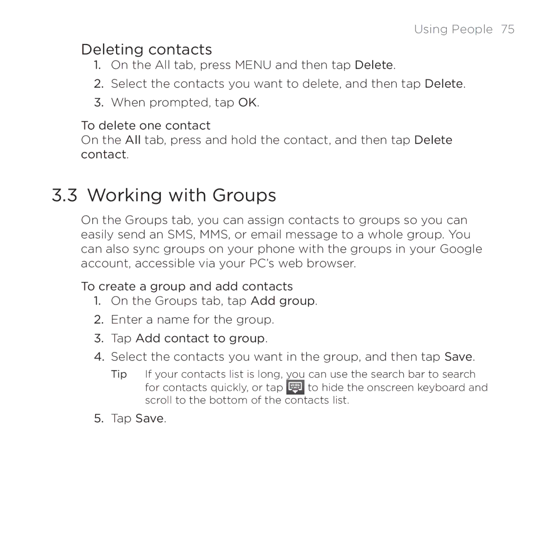 HTC 200 manual Working with Groups, Deleting contacts 