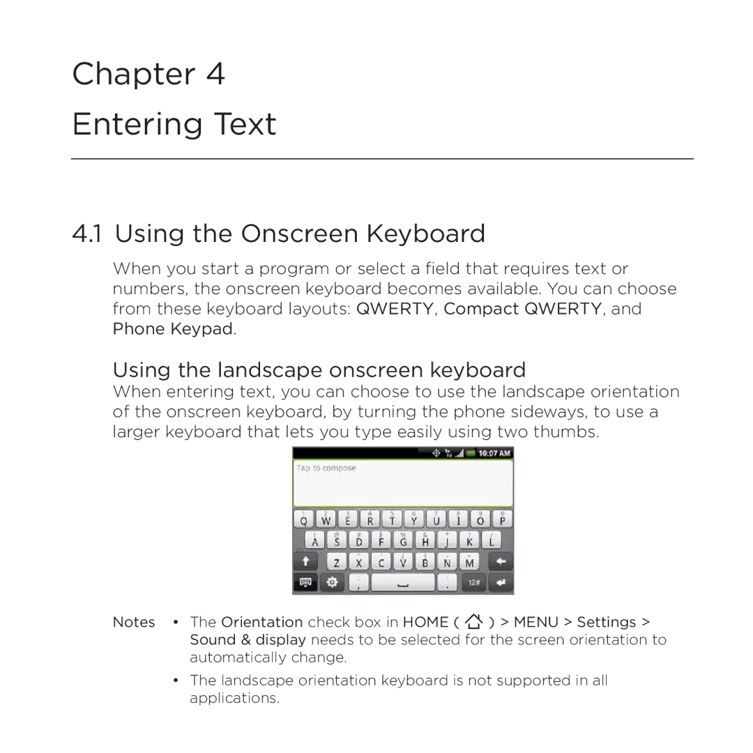 HTC 200 manual Using the Onscreen Keyboard, Using the landscape onscreen keyboard 