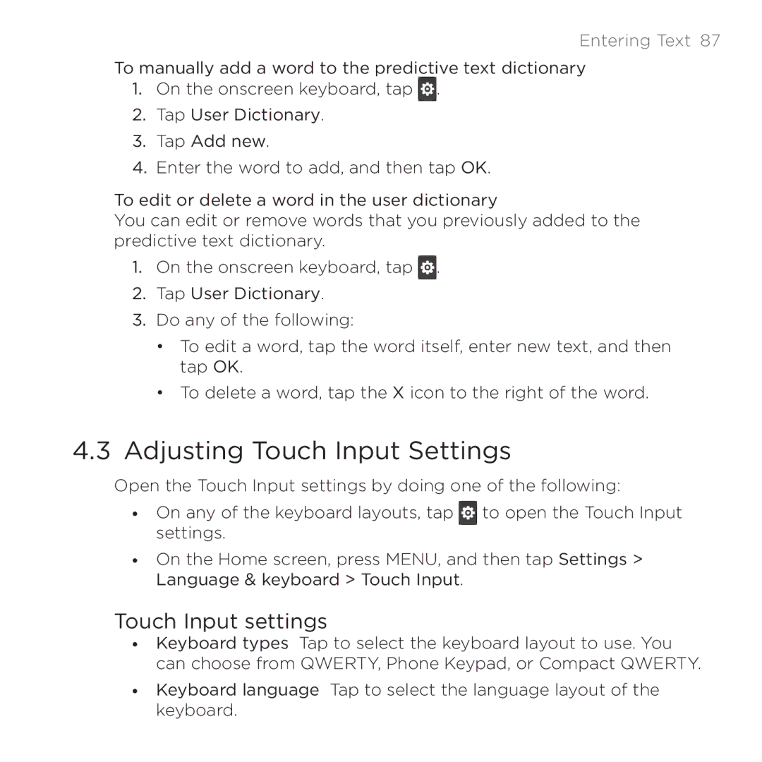 HTC 200 manual Adjusting Touch Input Settings, Touch Input settings 