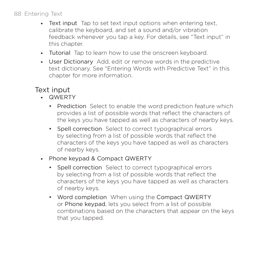 HTC 200 manual Text input, Qwerty 