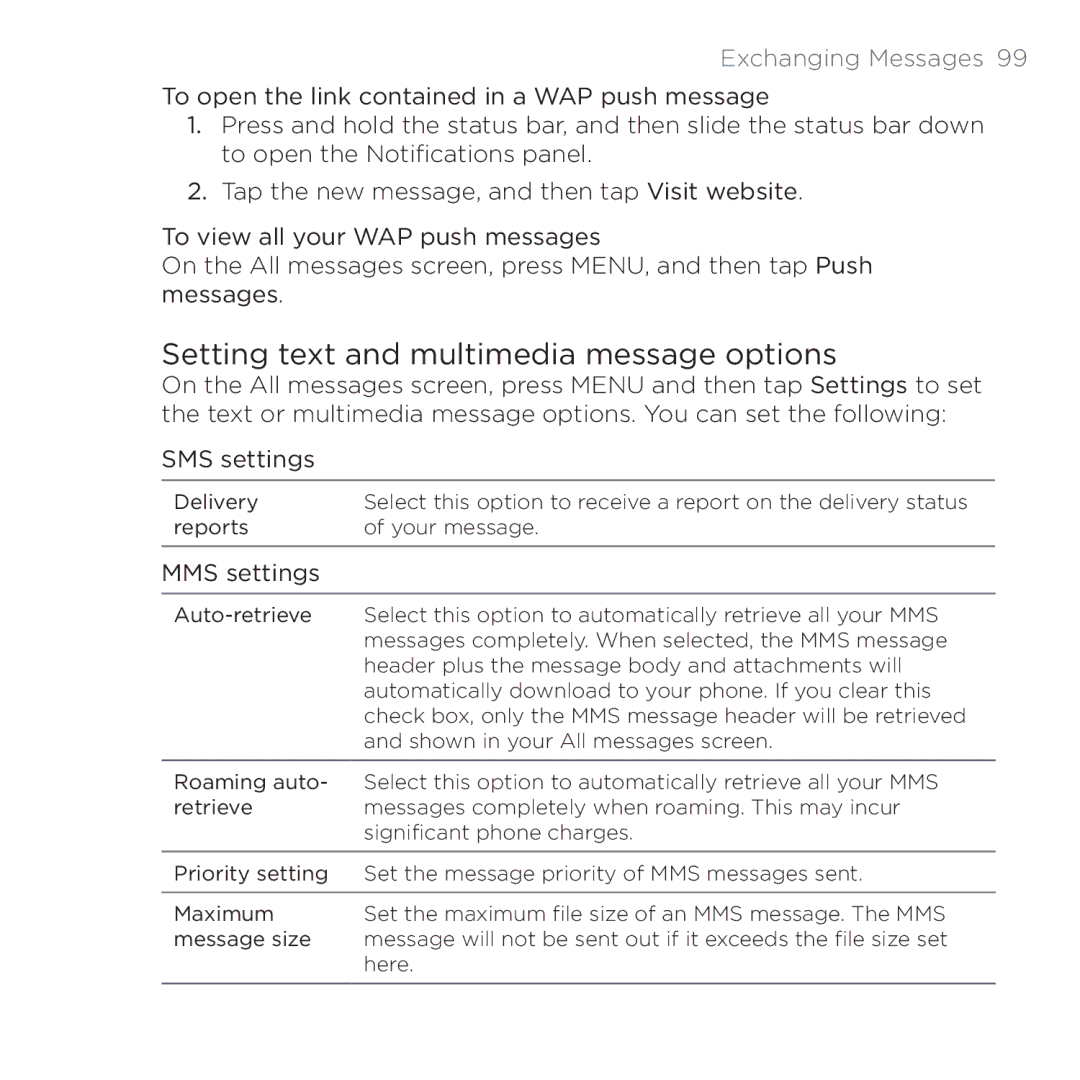 HTC 200 manual Setting text and multimedia message options, MMS settings 