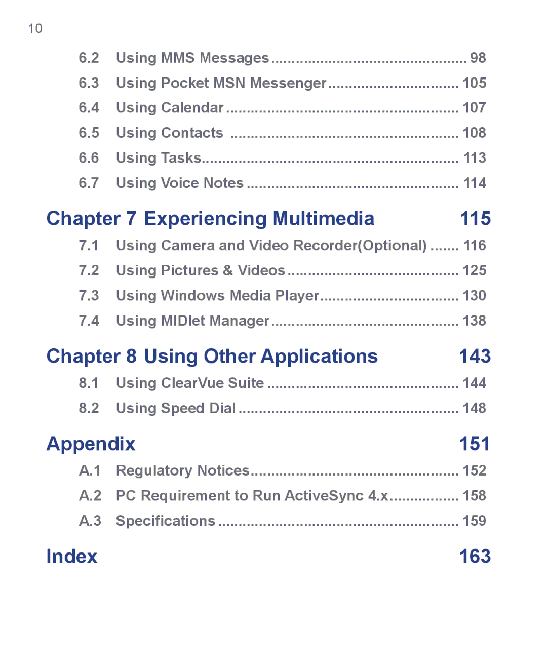 HTC 3100, 3125 user manual Experiencing Multimedia 115, Using Other Applications 143, Appendix 151, Index 163 