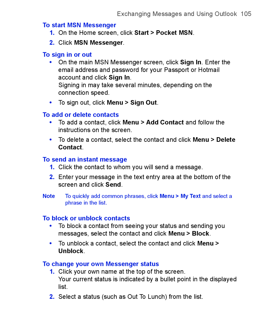 HTC 3125, 3100 user manual To start MSN Messenger, To sign in or out, To add or delete contacts, To send an instant message 