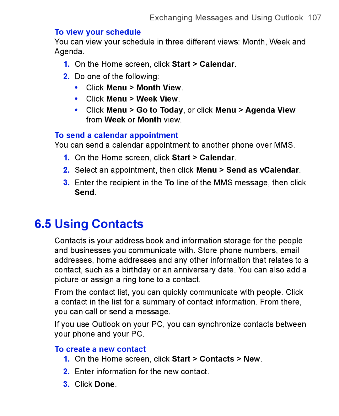 HTC 3125, 3100 user manual To view your schedule, To send a calendar appointment, Send, To create a new contact 
