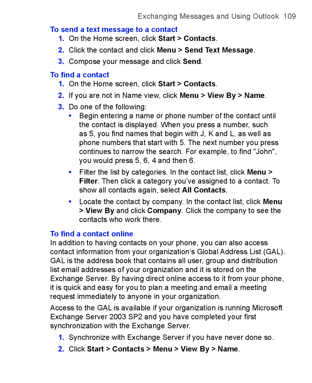 HTC 3125, 3100 To send a text message to a contact, To ﬁnd a contact online, Click Start Contacts Menu View By Name 