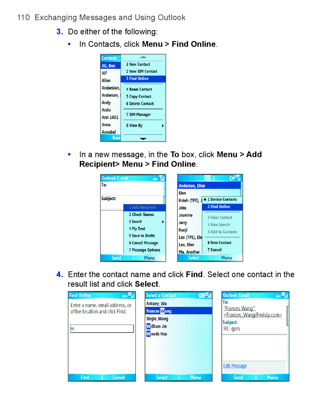 HTC 3100, 3125 user manual Recipient Menu Find Online 