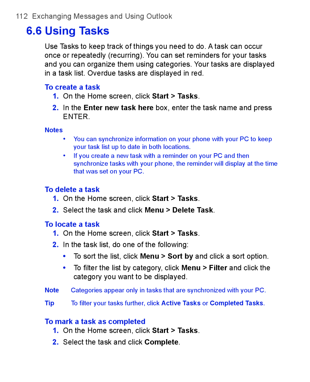 HTC 3100, 3125 user manual To create a task, To delete a task, To locate a task, To mark a task as completed 