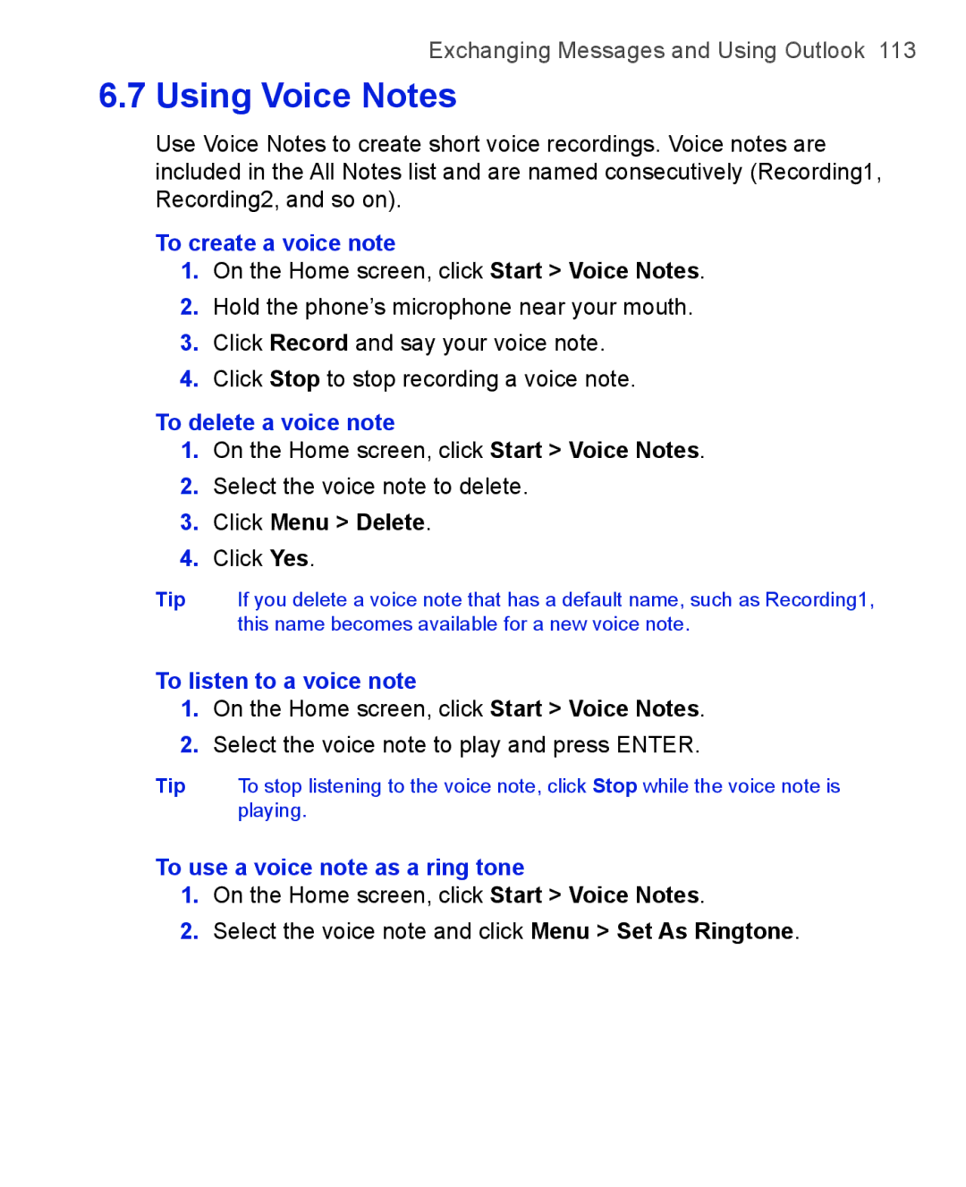 HTC 3125 To create a voice note, To delete a voice note, To listen to a voice note, To use a voice note as a ring tone 