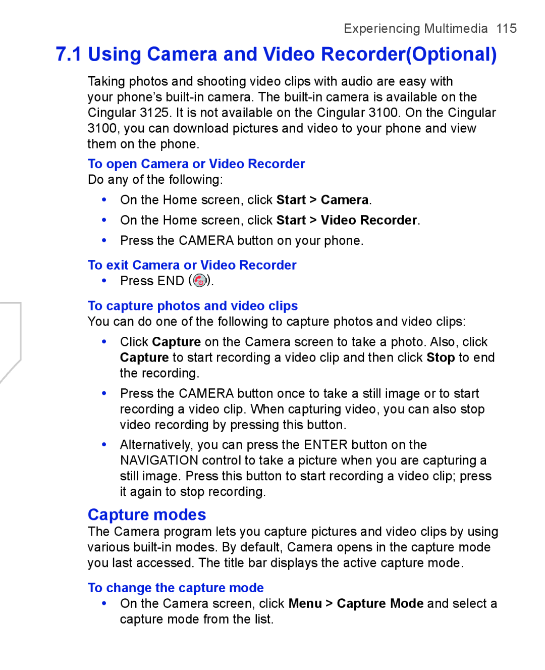 HTC 3125, 3100 user manual Using Camera and Video RecorderOptional, Capture modes 