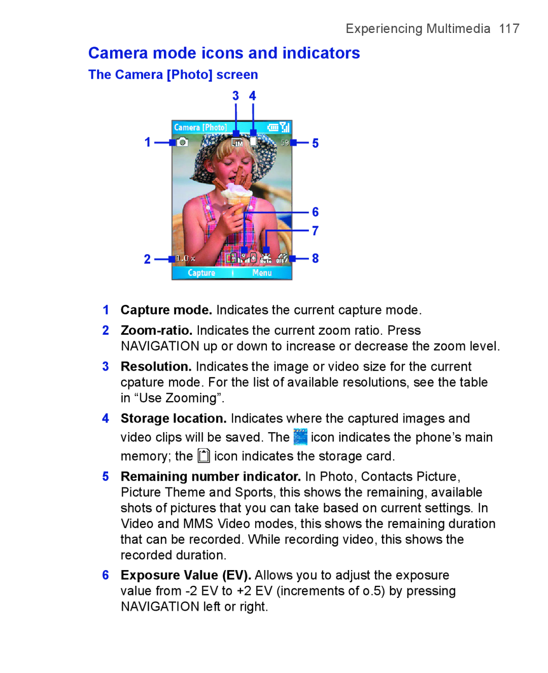 HTC 3125, 3100 user manual Camera mode icons and indicators, Capture mode. Indicates the current capture mode 