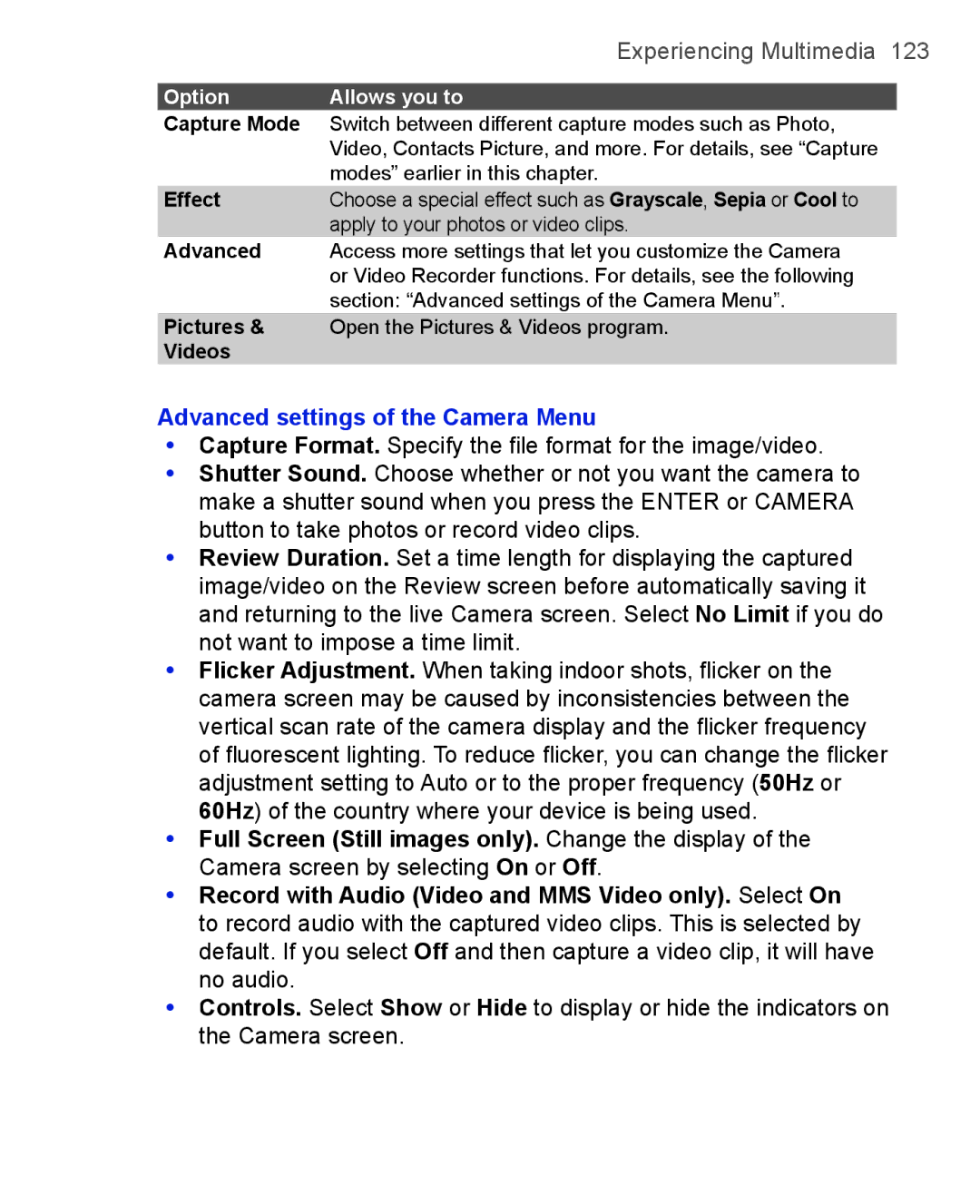 HTC 3125, 3100 user manual Advanced settings of the Camera Menu, Effect 