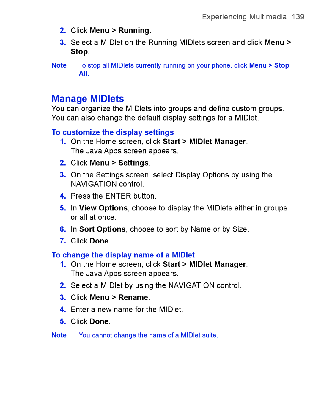 HTC 3125, 3100 user manual Manage MIDlets, To customize the display settings, To change the display name of a MIDlet 