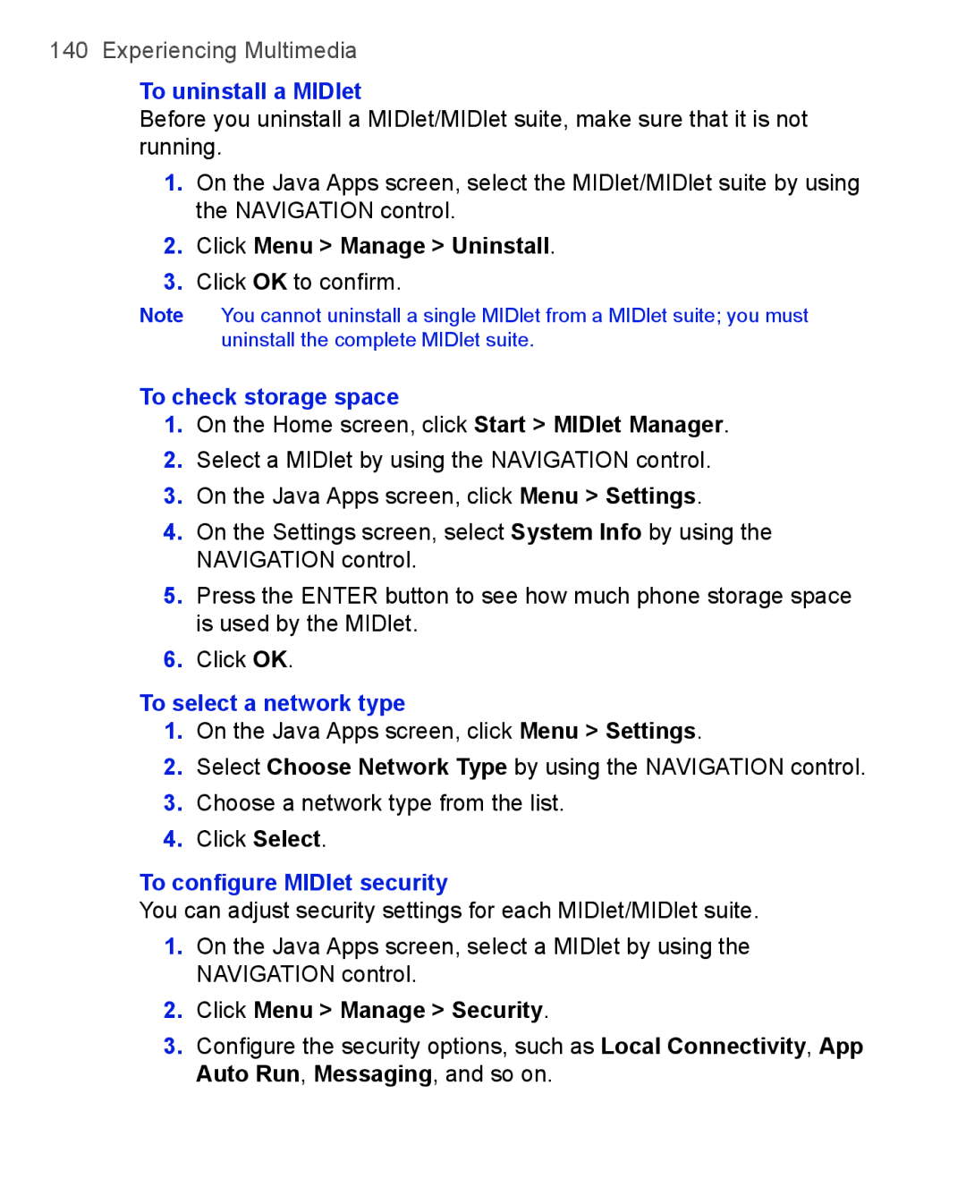 HTC 3100, 3125 To uninstall a MIDlet, To check storage space, To select a network type, To conﬁgure MIDlet security 