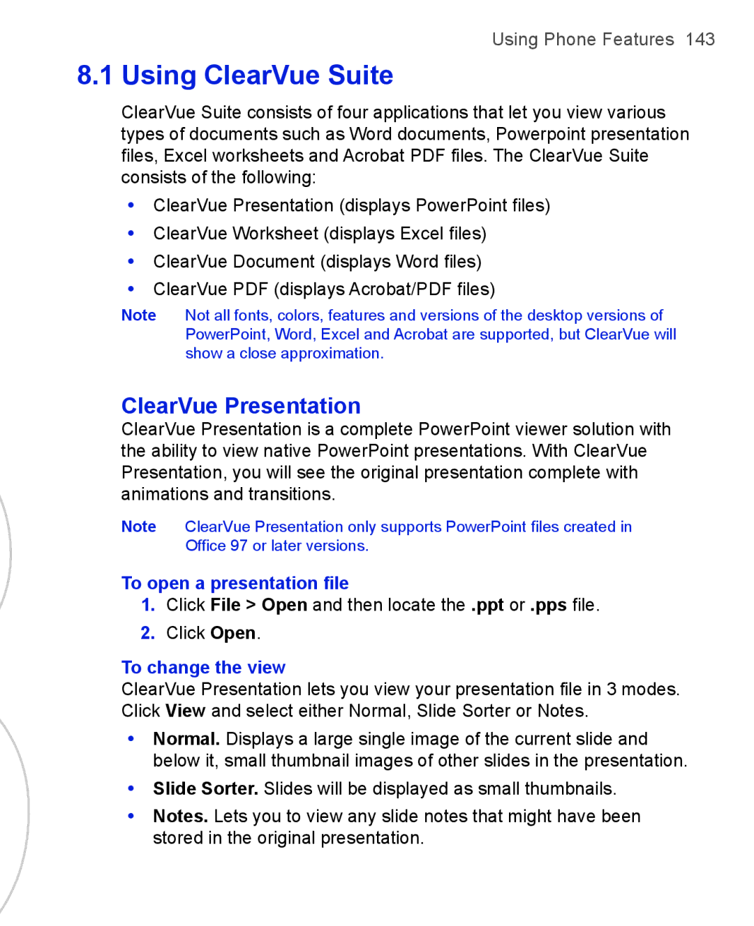 HTC 3125, 3100 user manual Using ClearVue Suite, ClearVue Presentation, To open a presentation ﬁle, To change the view 