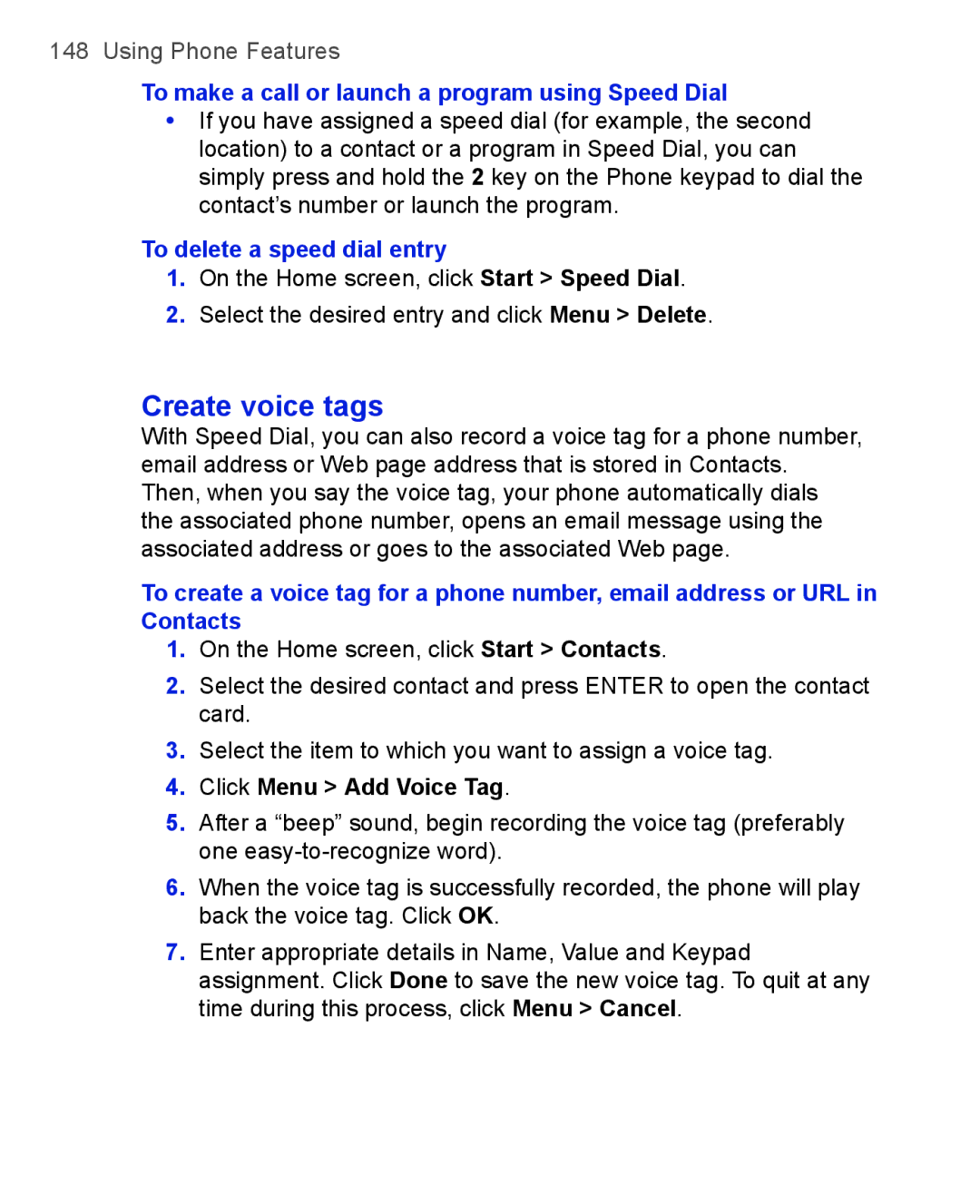 HTC 3100, 3125 Create voice tags, To make a call or launch a program using Speed Dial, To delete a speed dial entry 