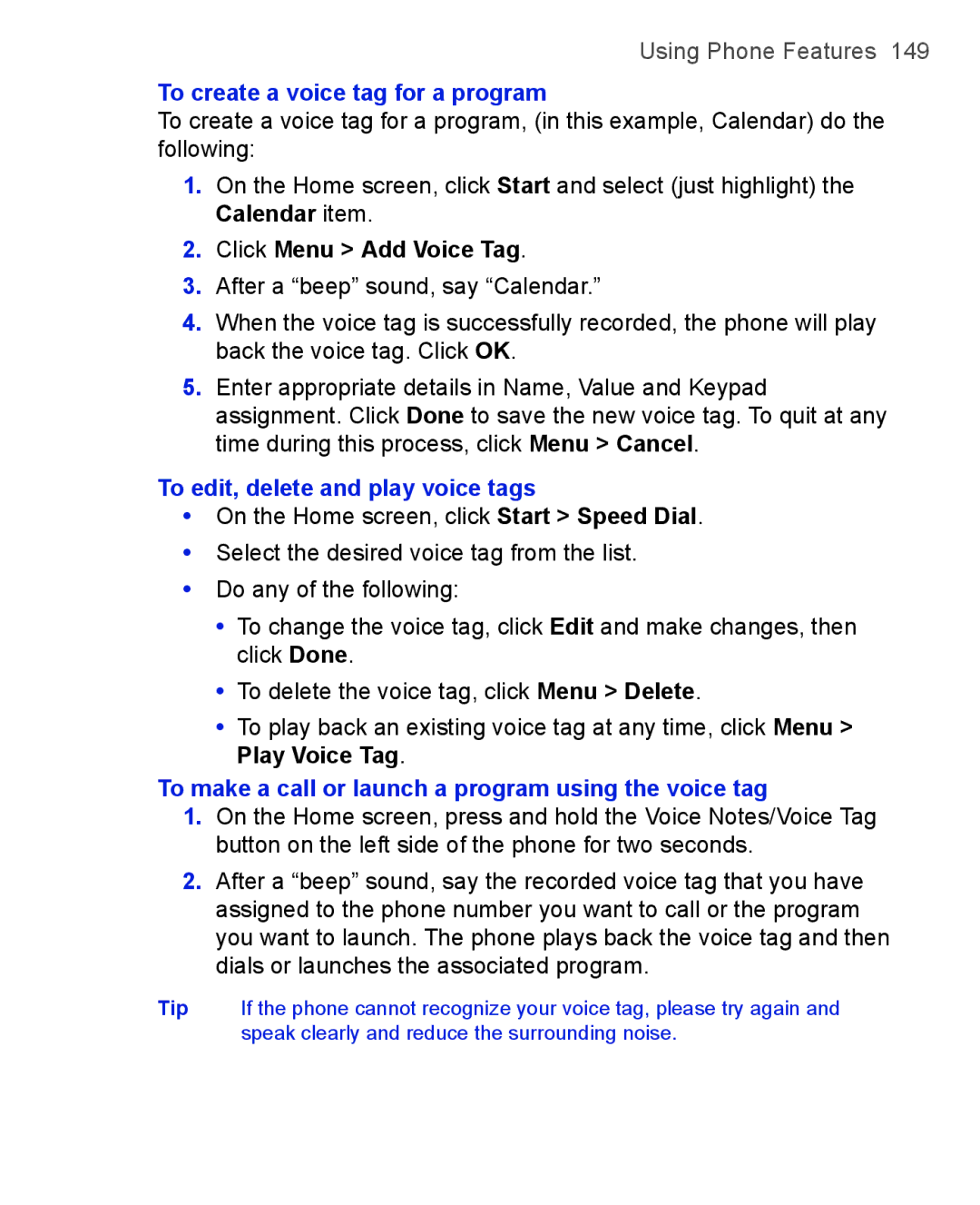 HTC 3125, 3100 user manual To create a voice tag for a program, To edit, delete and play voice tags, Play Voice Tag 