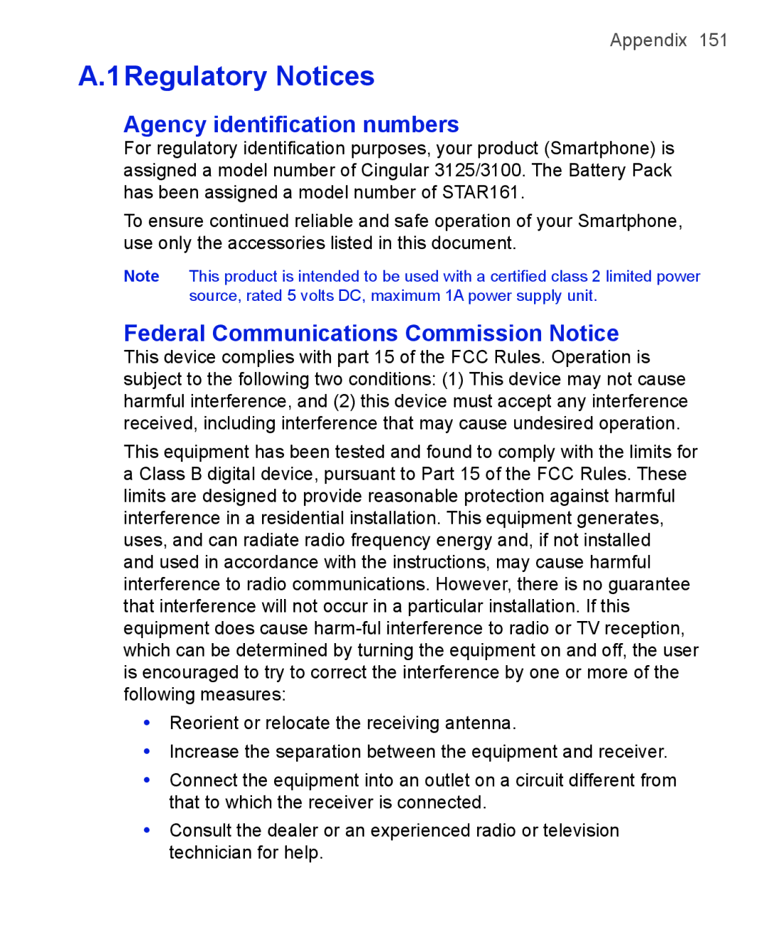 HTC 3125, 3100 user manual 1Regulatory Notices, Agency identification numbers, Federal Communications Commission Notice 