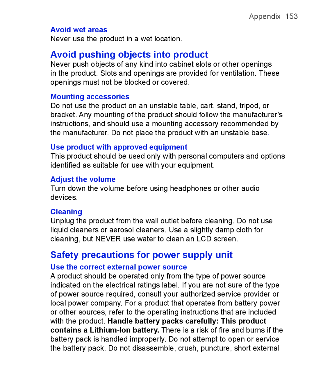 HTC 3125, 3100 user manual Avoid pushing objects into product, Safety precautions for power supply unit 