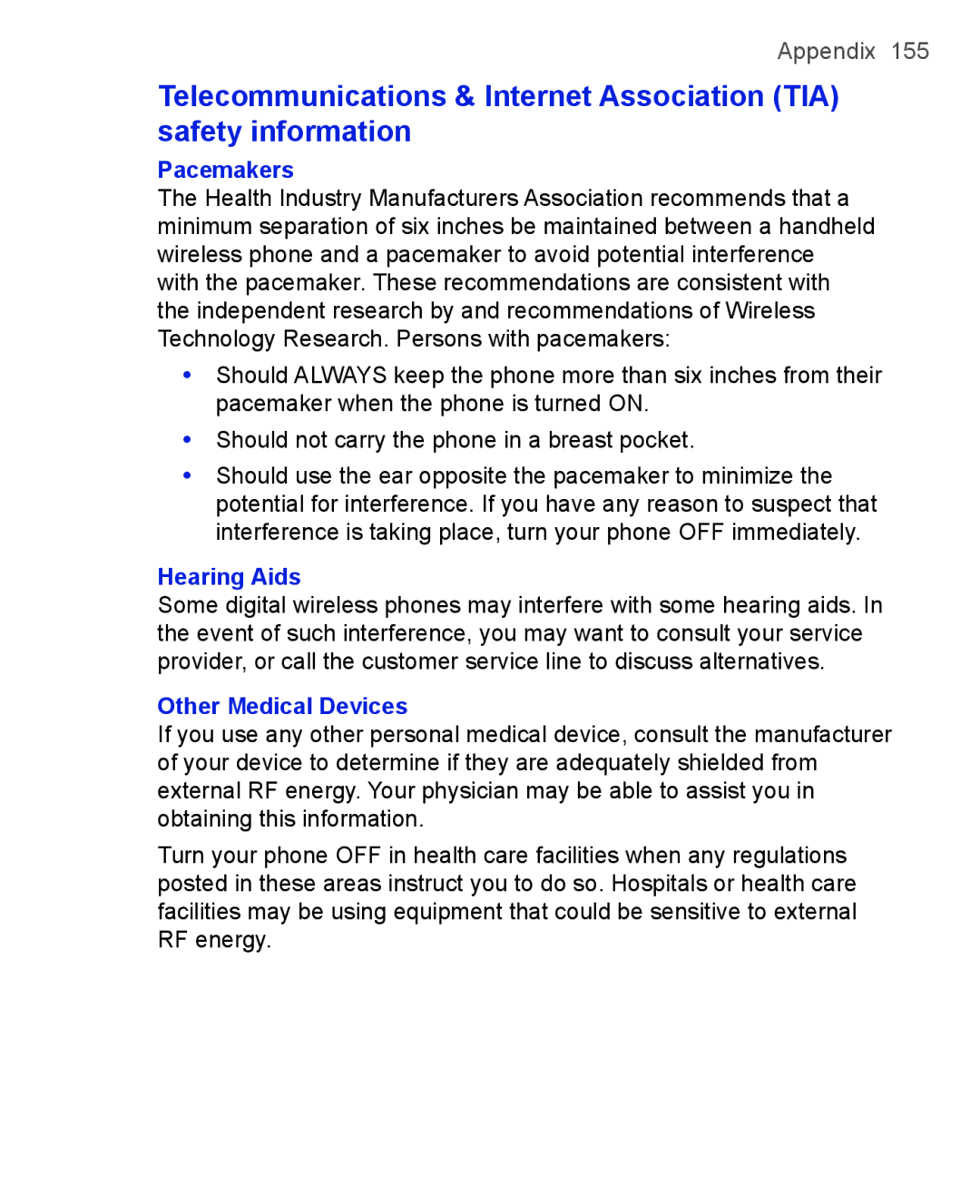 HTC 3125, 3100 user manual Pacemakers, Hearing Aids, Other Medical Devices 