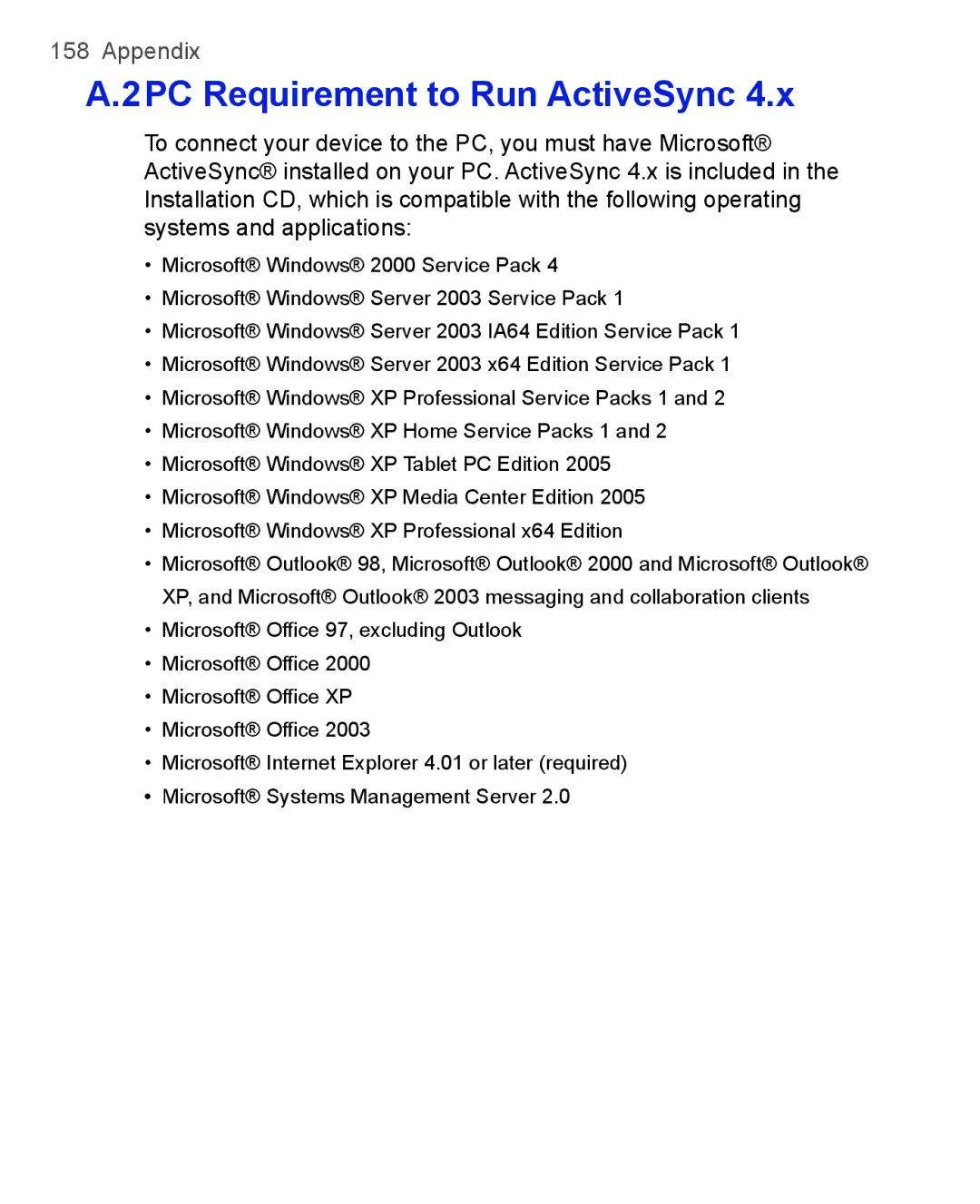 HTC 3100, 3125 user manual 2PC Requirement to Run ActiveSync 