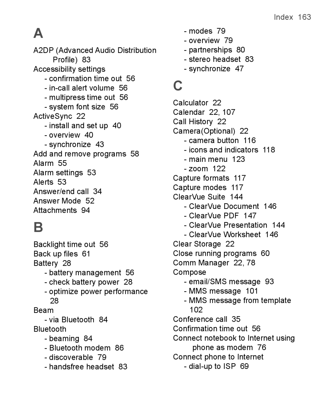 HTC 3125, 3100 user manual Index 