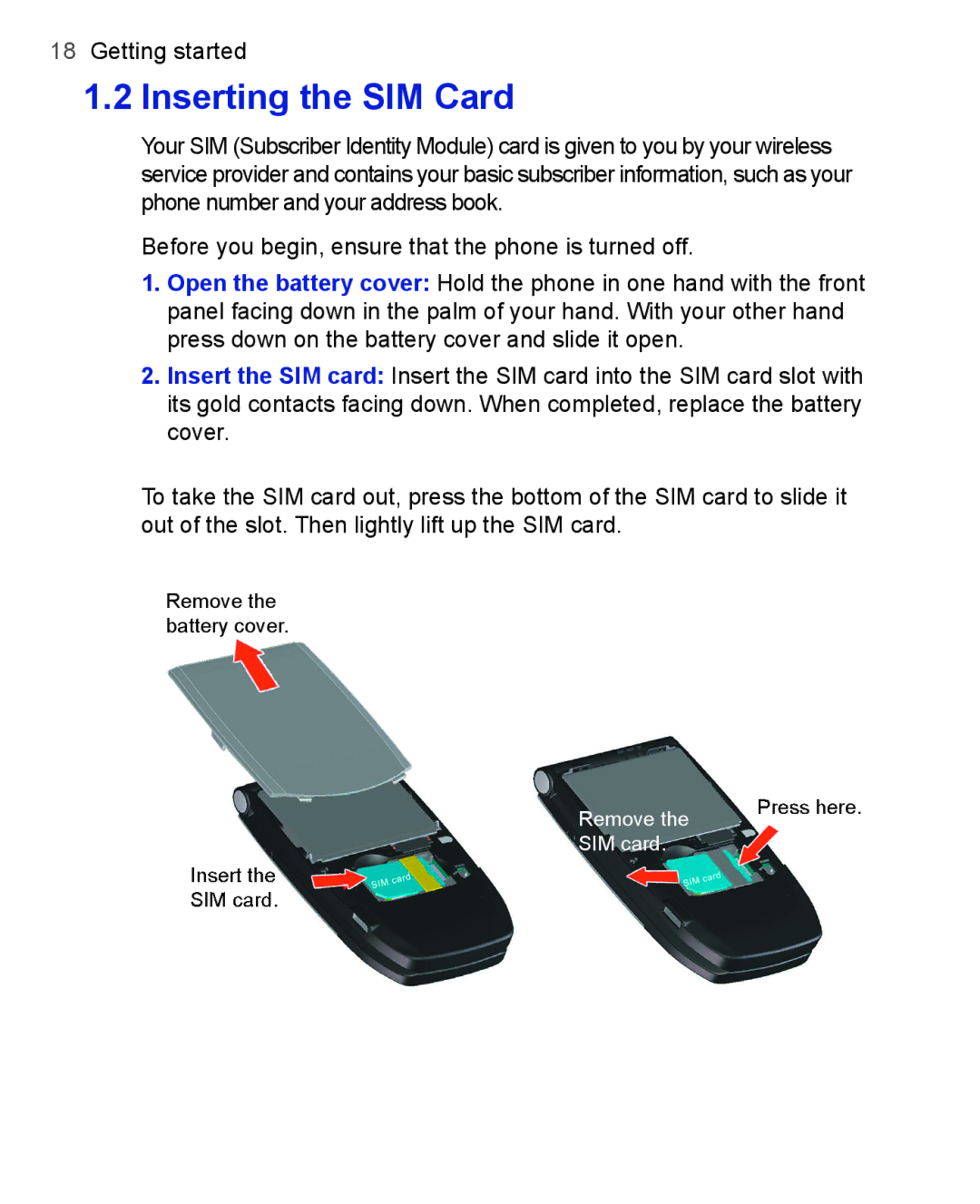 HTC 3100, 3125 user manual Remove SIM card 