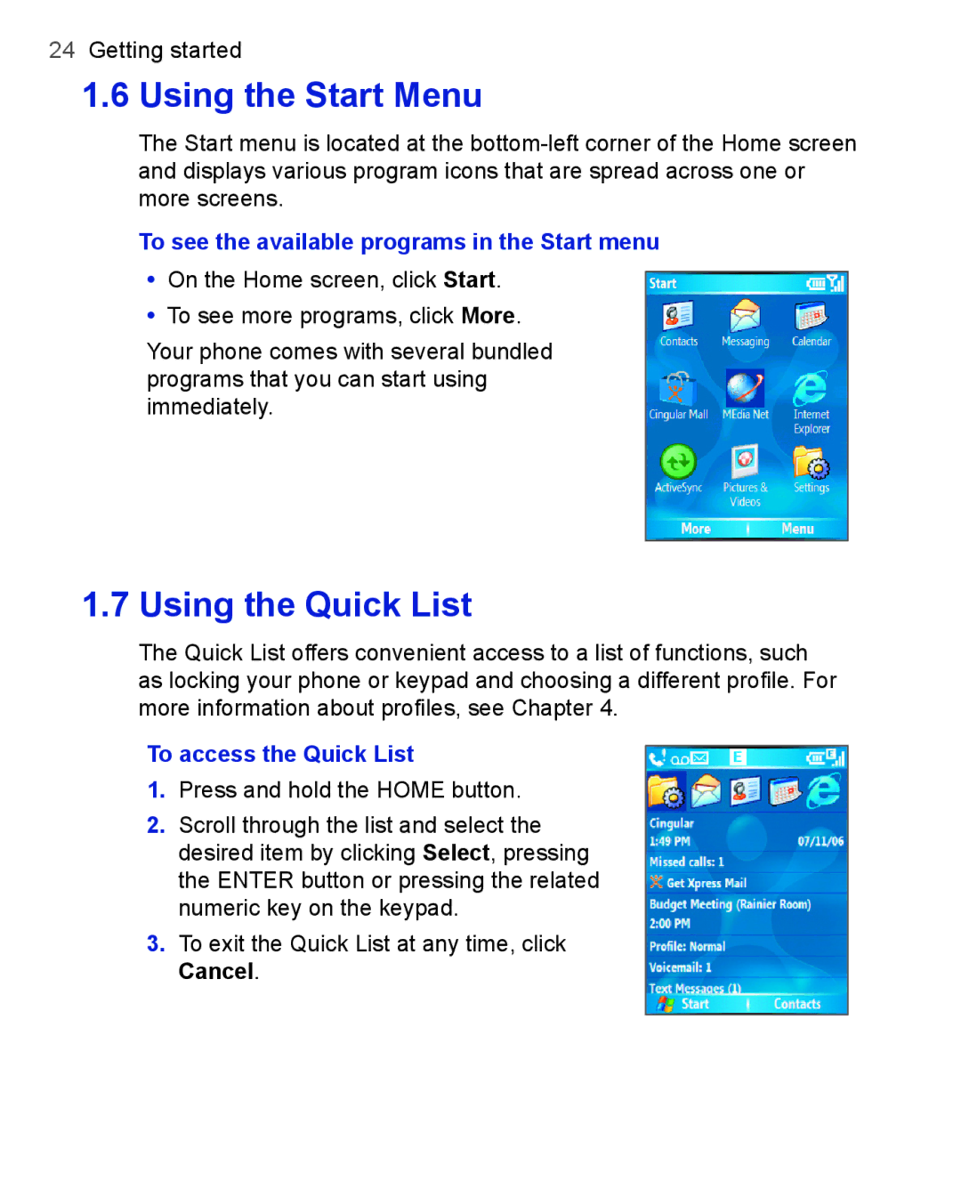 HTC 3100, 3125 user manual To see the available programs in the Start menu, To access the Quick List, Cancel 