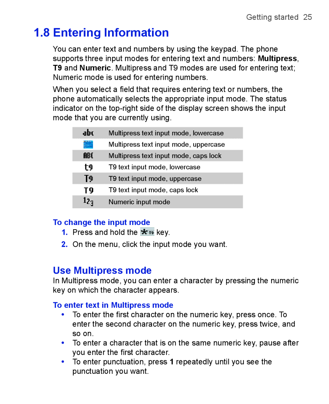 HTC 3125, 3100 user manual Use Multipress mode, To change the input mode, To enter text in Multipress mode 