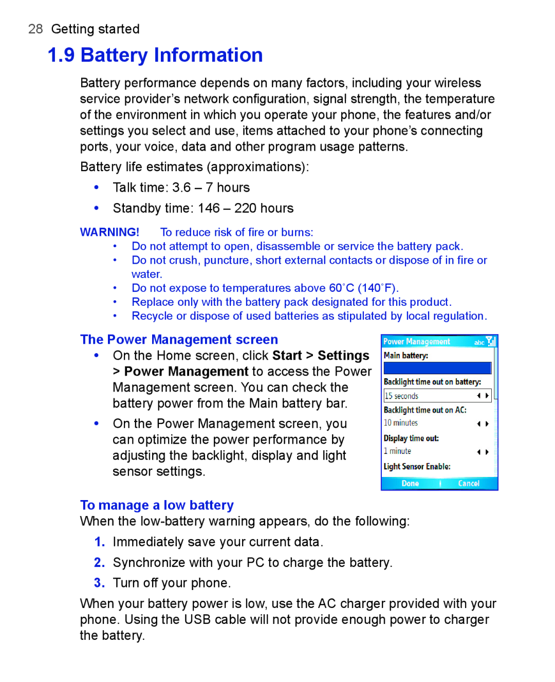 HTC 3100, 3125 user manual Power Management screen, To manage a low battery 