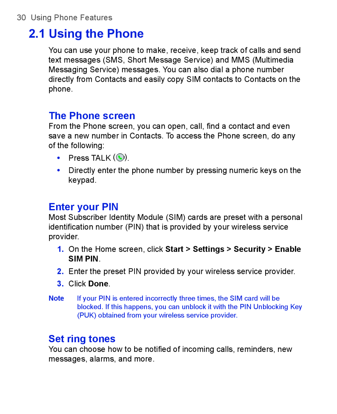 HTC 3100, 3125 user manual Using the Phone, Phone screen, Enter your PIN, Set ring tones 