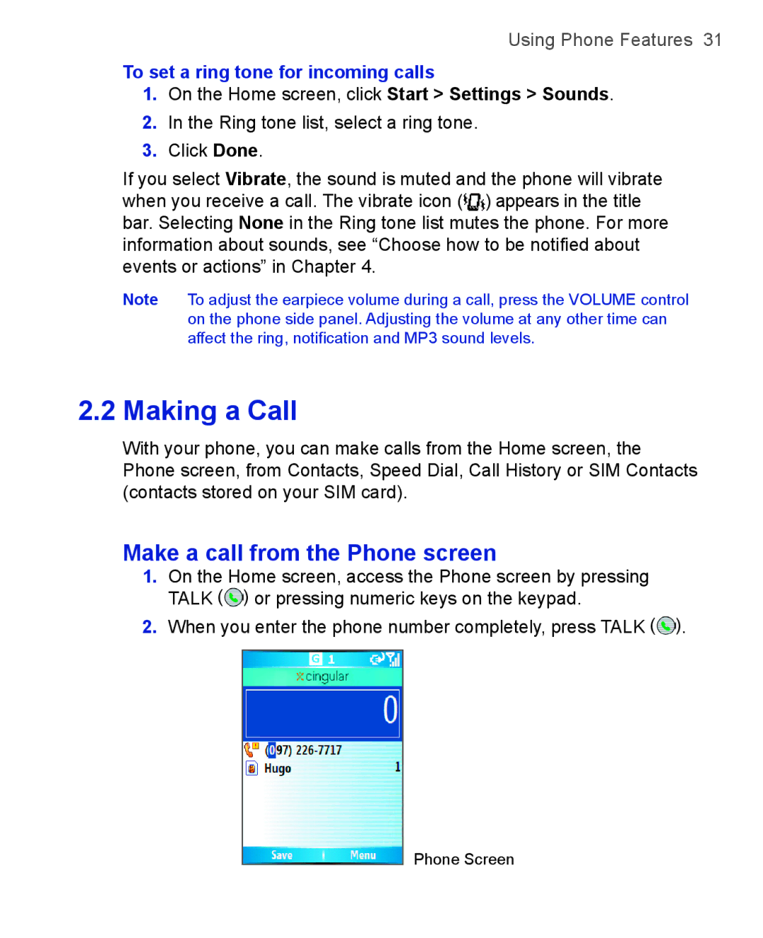 HTC 3125, 3100 user manual Make a call from the Phone screen, To set a ring tone for incoming calls 