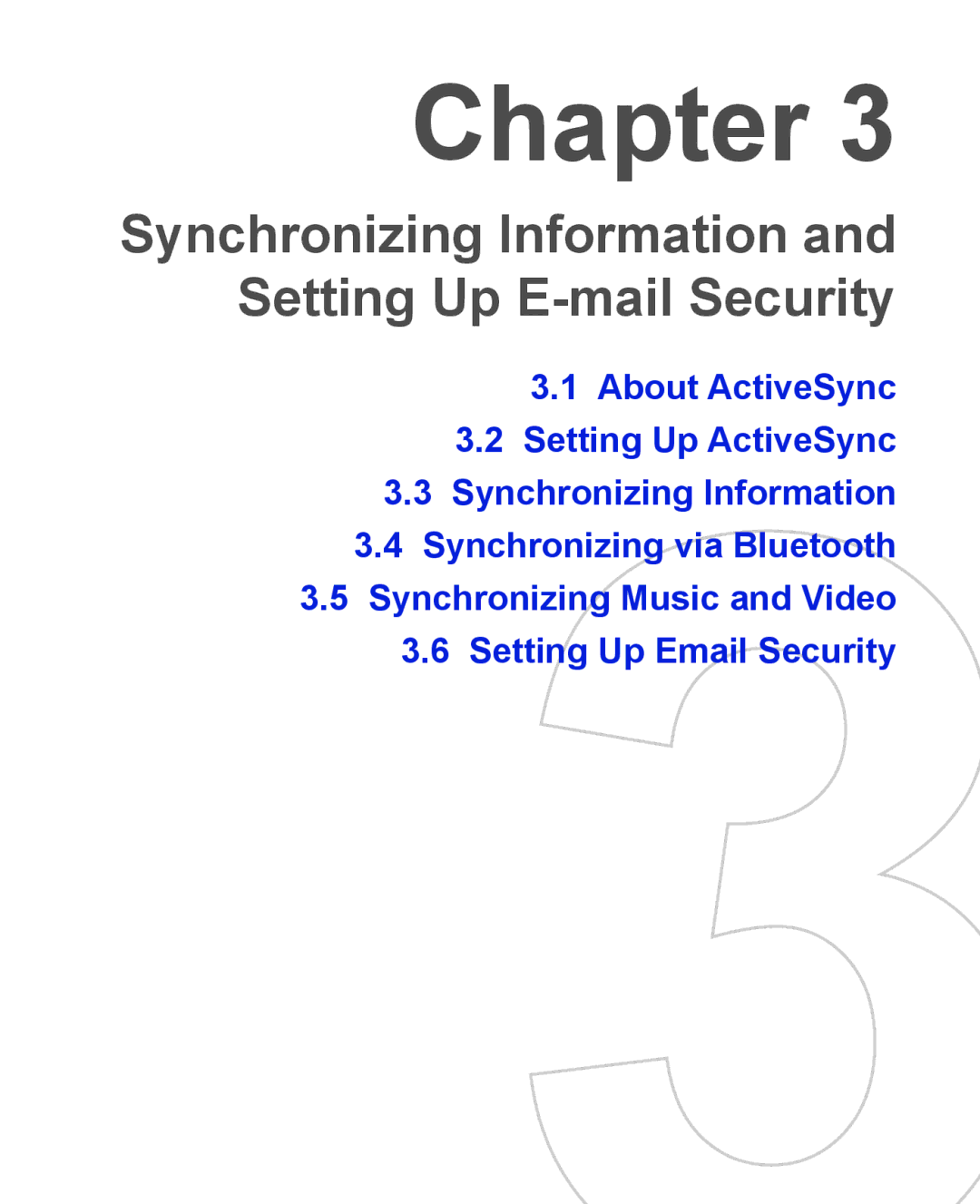 HTC 3100, 3125 user manual Synchronizing Information and Setting Up E-mail Security 