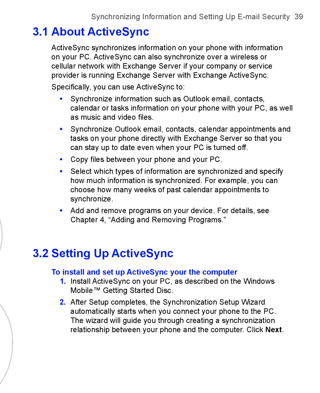 HTC 3125, 3100 user manual About ActiveSync, To install and set up ActiveSync your the computer 