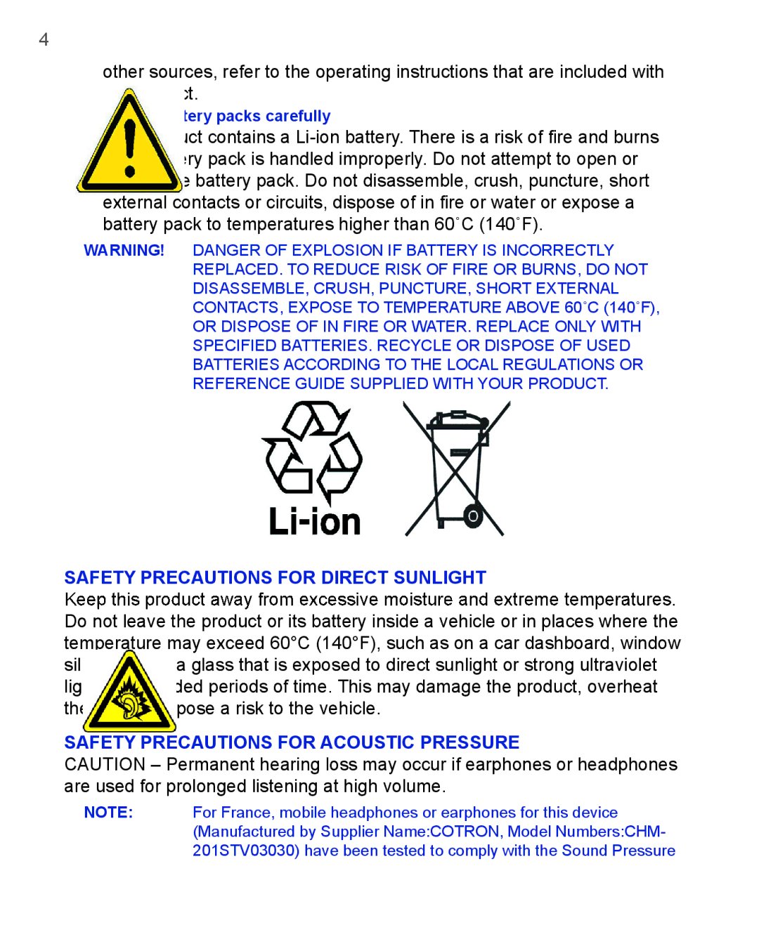 HTC 3100, 3125 user manual Safety Precautions for Acoustic Pressure 