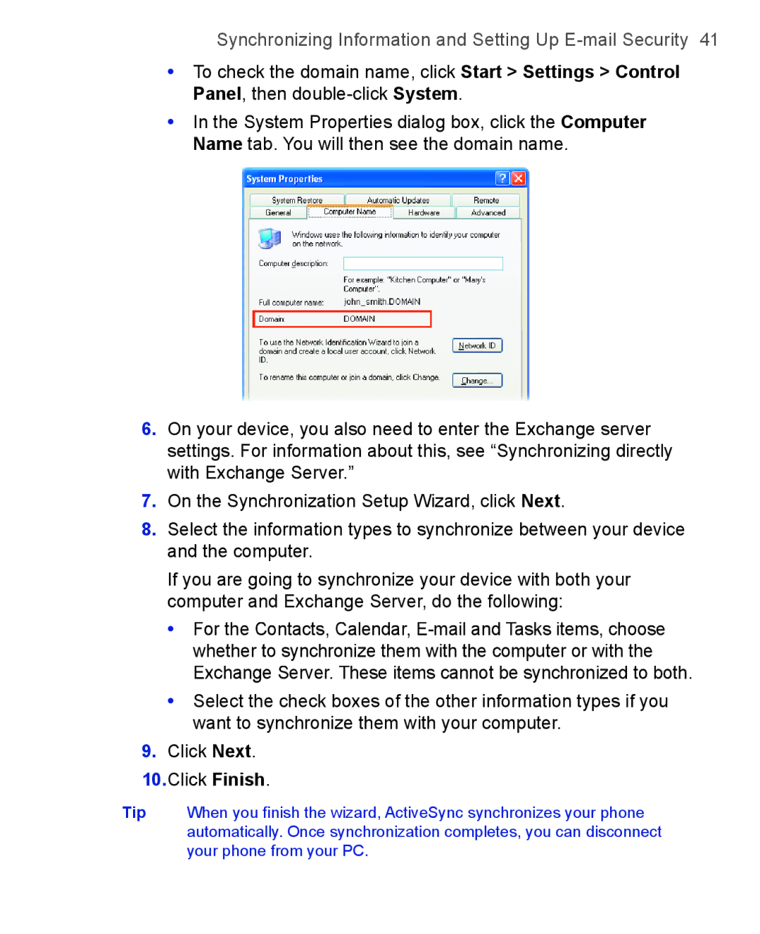 HTC 3125, 3100 user manual Synchronizing Information and Setting Up E-mail Security 