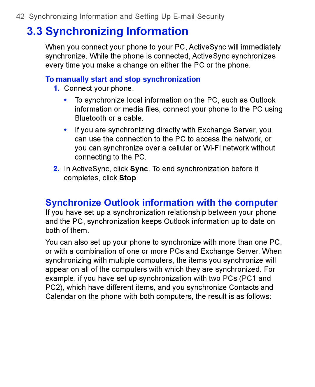 HTC 3100, 3125 user manual Synchronize Outlook information with the computer, To manually start and stop synchronization 