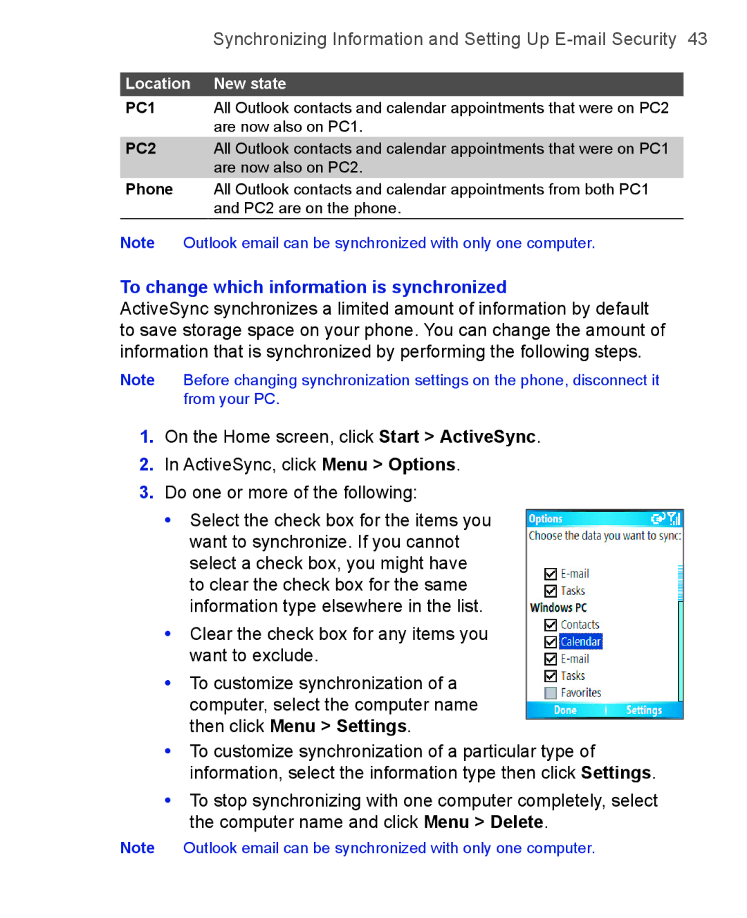 HTC 3125, 3100 user manual To change which information is synchronized, Location New state, Phone 