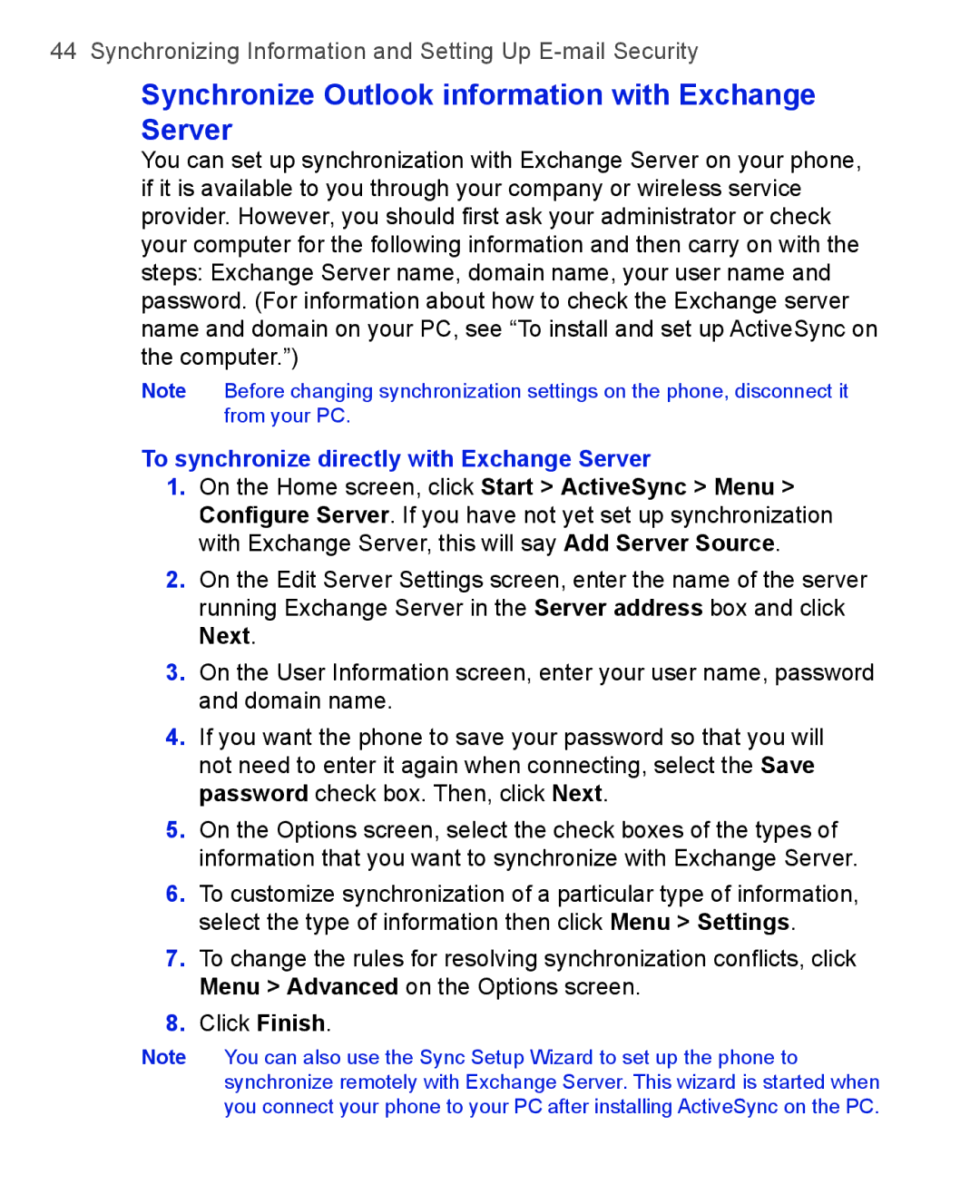 HTC 3100, 3125 Synchronize Outlook information with Exchange Server, To synchronize directly with Exchange Server, Next 