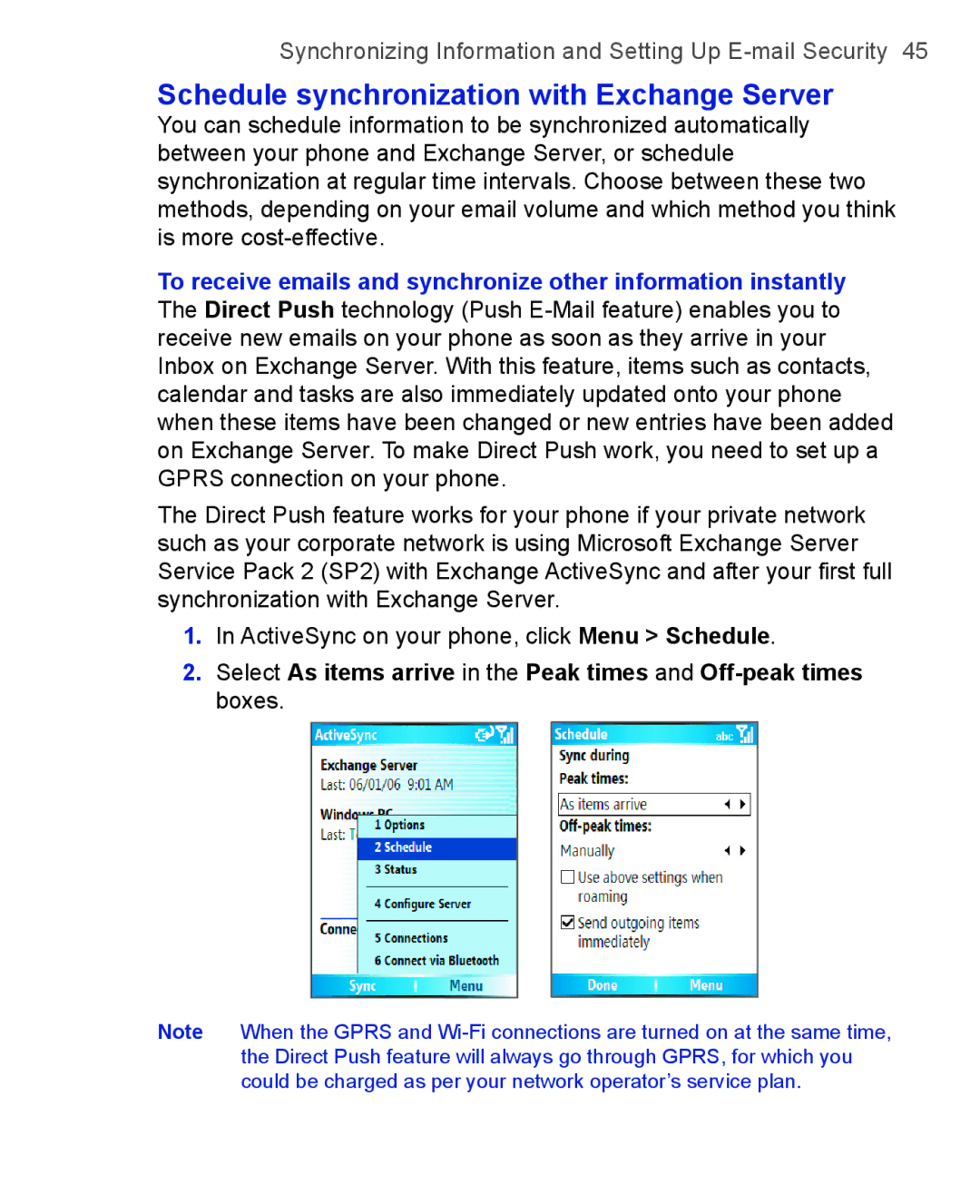 HTC 3125, 3100 user manual Schedule synchronization with Exchange Server 